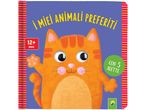 Libro per bambini 'I miei animali preferiti' con 5 alette, illustrato con un simpatico gatto arancione.