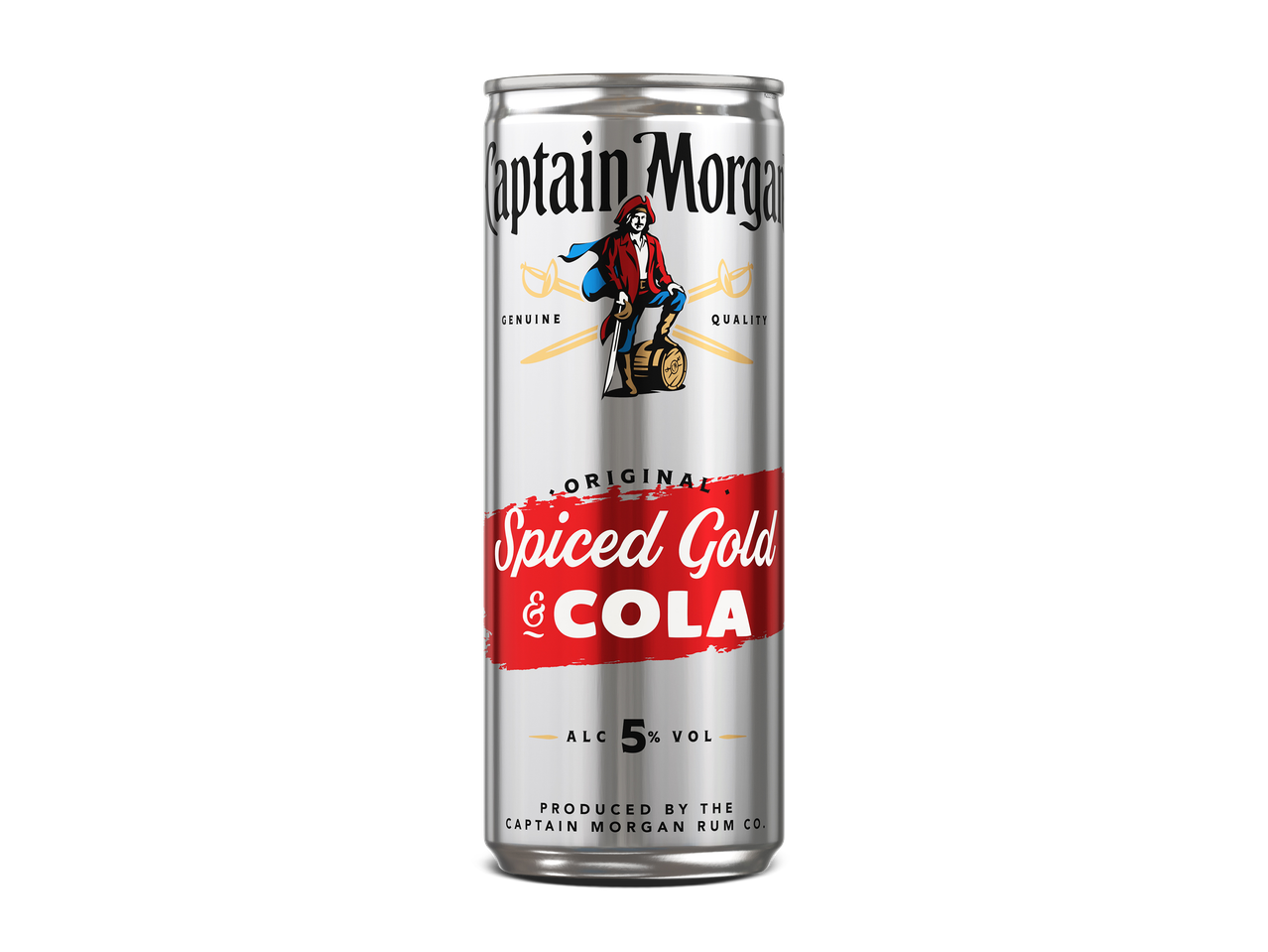 Blikje met rum en cola, met een piraat en de tekst 'Spiced Gold & Cola', 5% alcohol.
