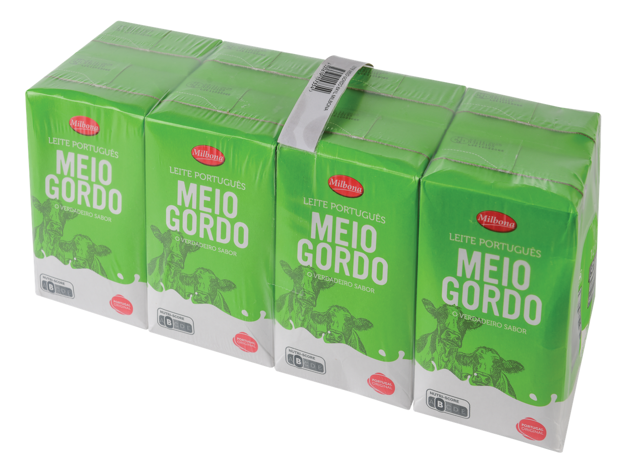 Leite meio-gordo Milbona, pack de 8x1L, com Nutri-Score B e selo 'Portugal Original'.