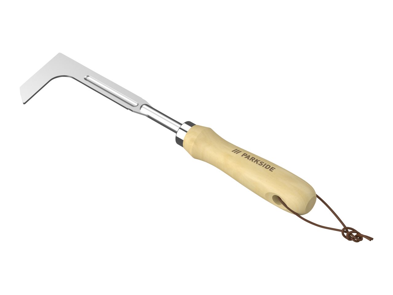 A garden weeding tool with a wooden handle and a metal blade.