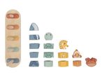 Wooden stacking toy with sea animals: whale, turtle, seahorse, clownfish, and crab.