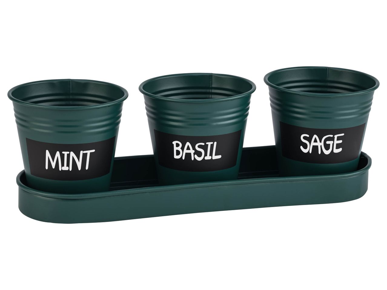 Tre vasi da erbe aromatiche verdi con etichette per menta, basilico e salvia su un vassoio.