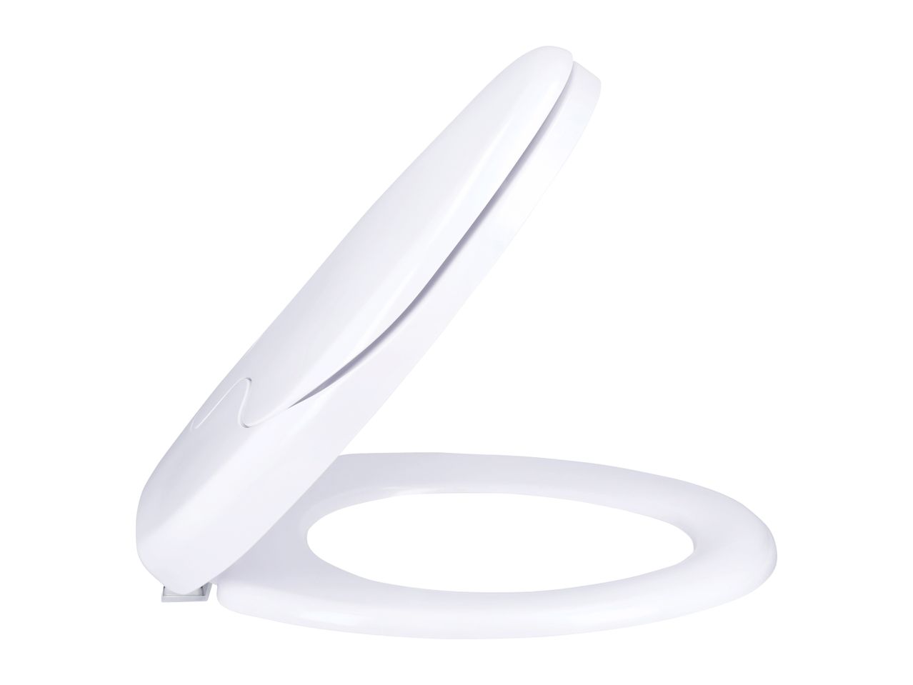 White toilet seat with the lid partially open, isolated on a white background.