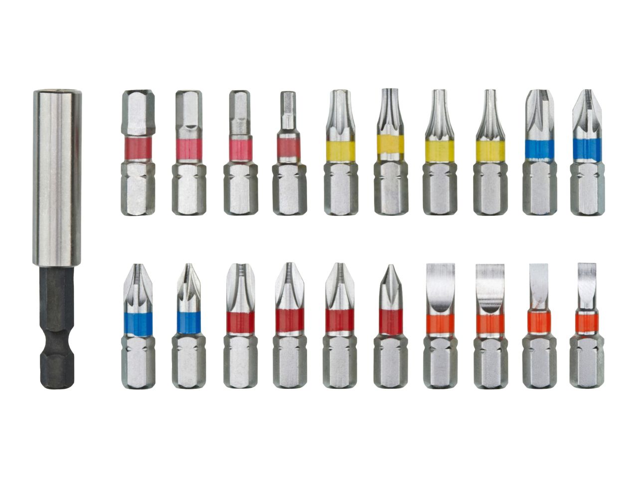 A set of screwdriver bits and a magnetic bit holder with various colored bands.