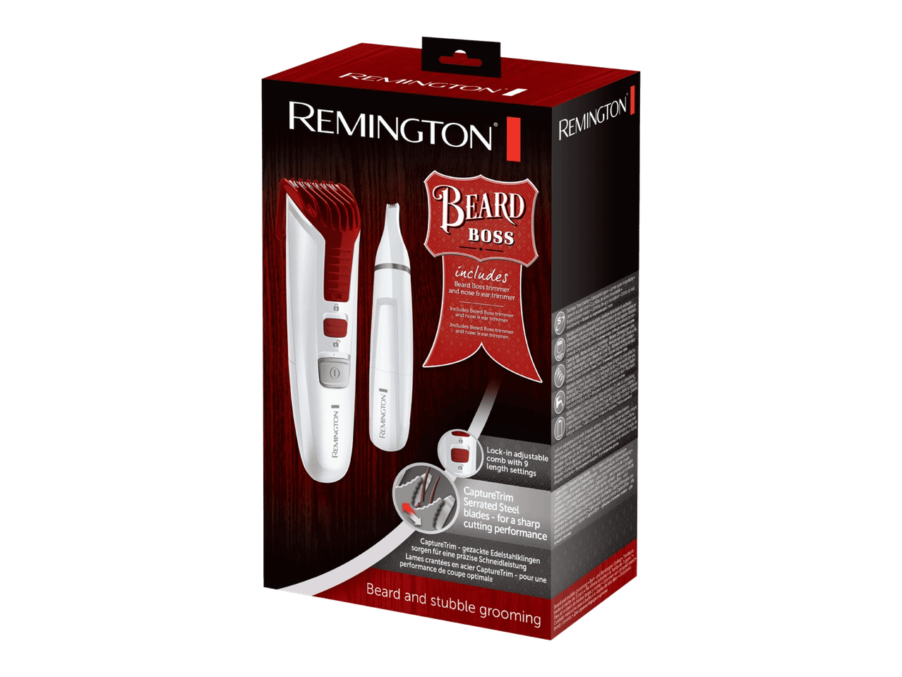 Remington Beard Boss parran- ja nenäkarvantrimmerisetti, jossa on kaksi erillistä trimmia.