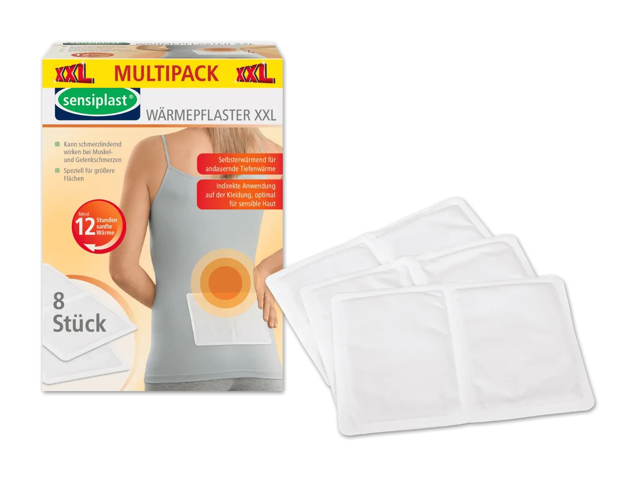 Sensoplast XXL Wärmepflaster Multipackung mit 8 Stück und 3 einzelnen Pflastern.