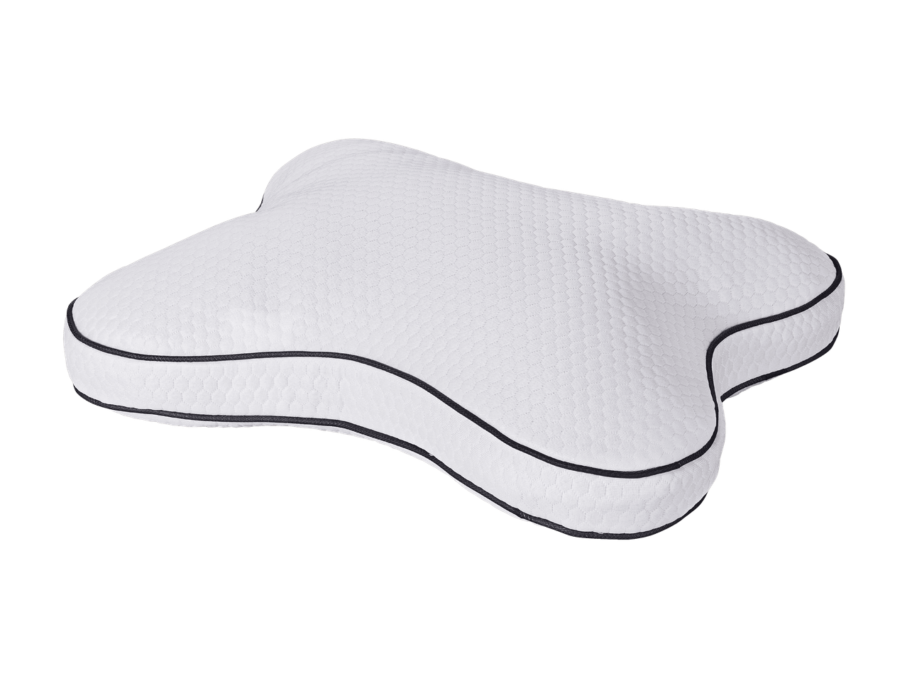 Valkoinen ergonominen tyyny mustilla reunoilla.