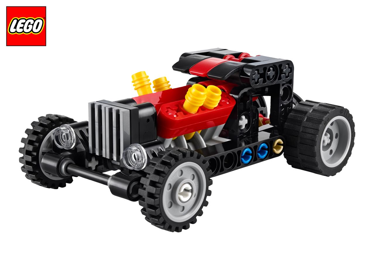 Red and black toy hot rod car with yellow engine details and grey wheels.