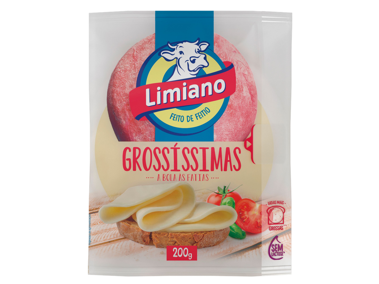 Embalagem de queijo fatiado, com fatias grossas de queijo em pão, tomate e manjericão.