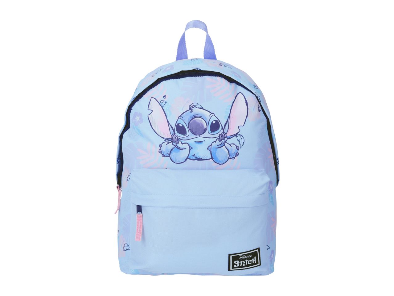 Disney Stitch backpack with floral design.