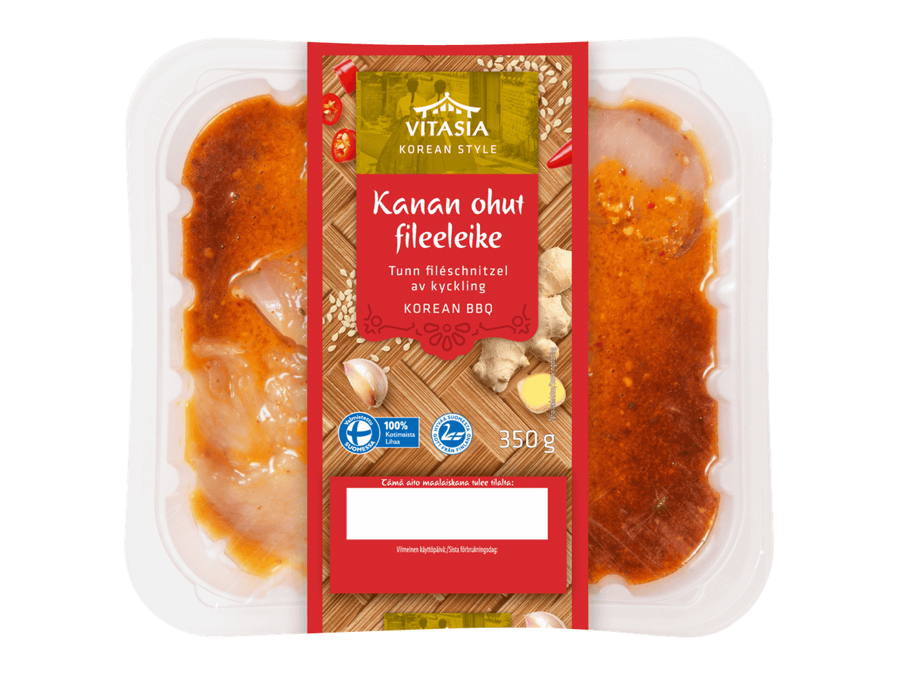 Kanan ohuet fileeleikkeet korealaisella BBQ-kastikkeella, 350 g pakkaus.