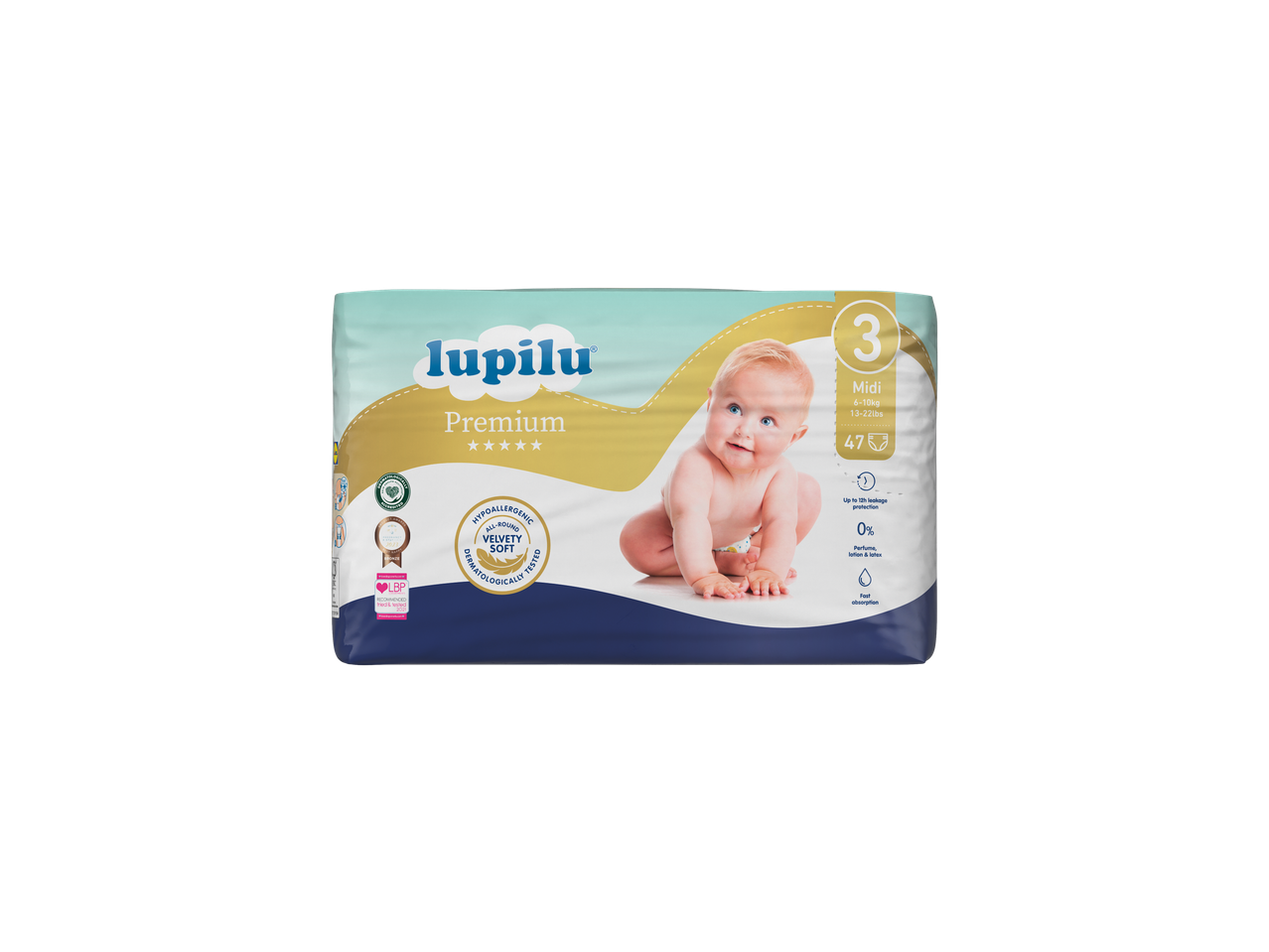 Lupilu Premium Nappies Size 3, featuring a baby and product benefits.
