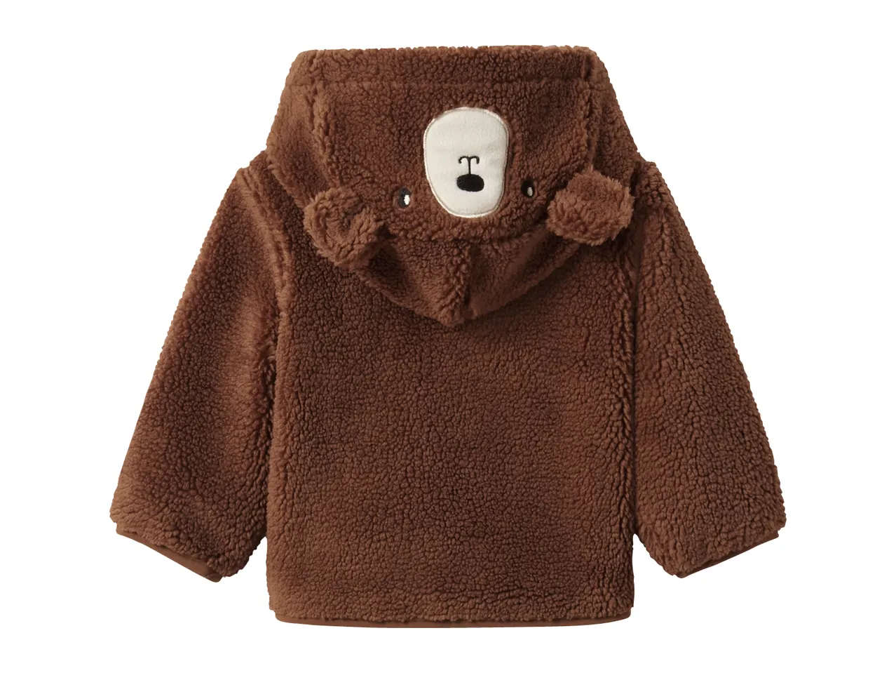 Brown teddy bear fleece jacket with a hood.