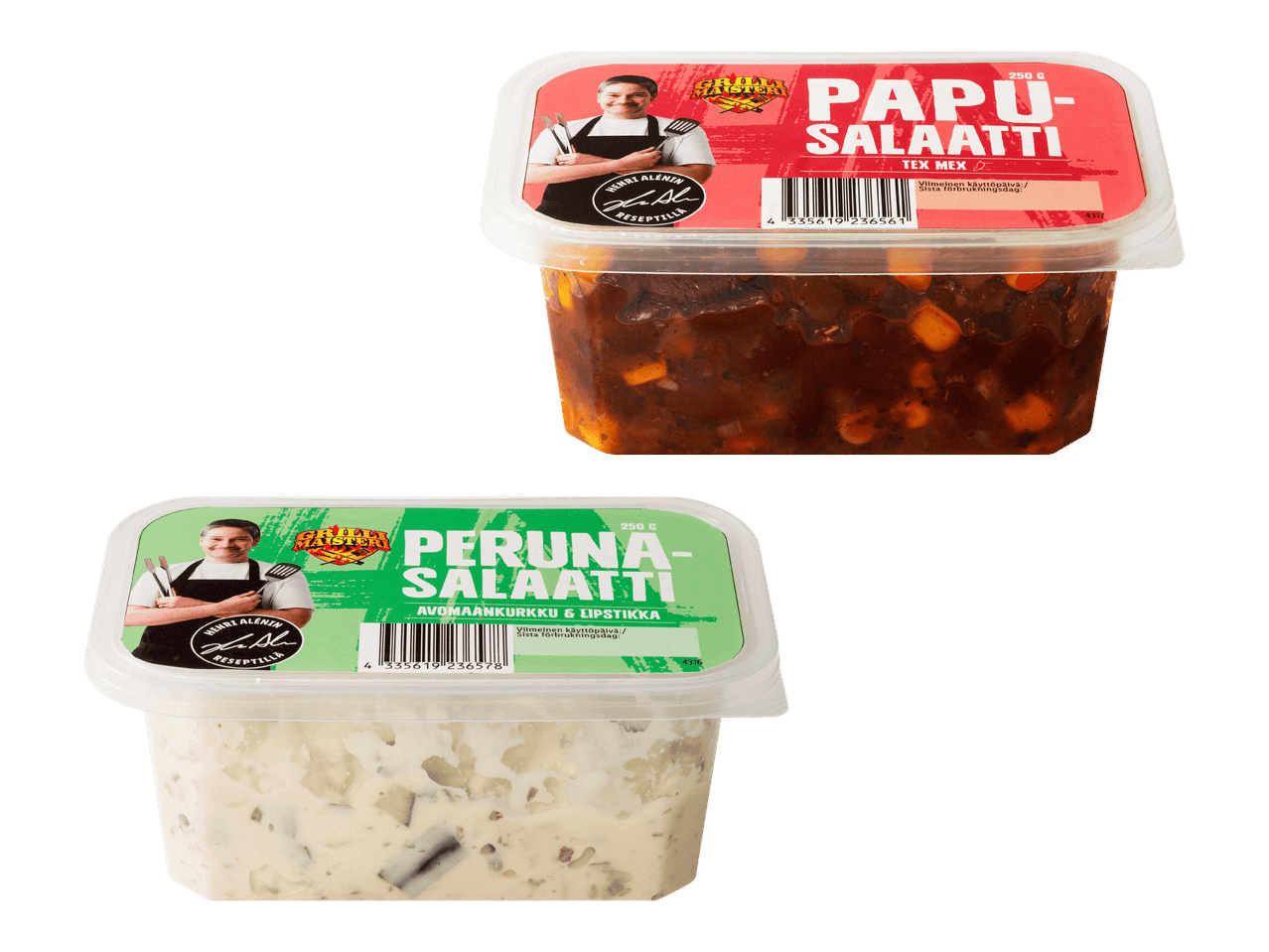 Kaksi salaattirasiaa: papusalaatti (Tex Mex) ja perunasalaatti (avomaankurkku & lipstikka).