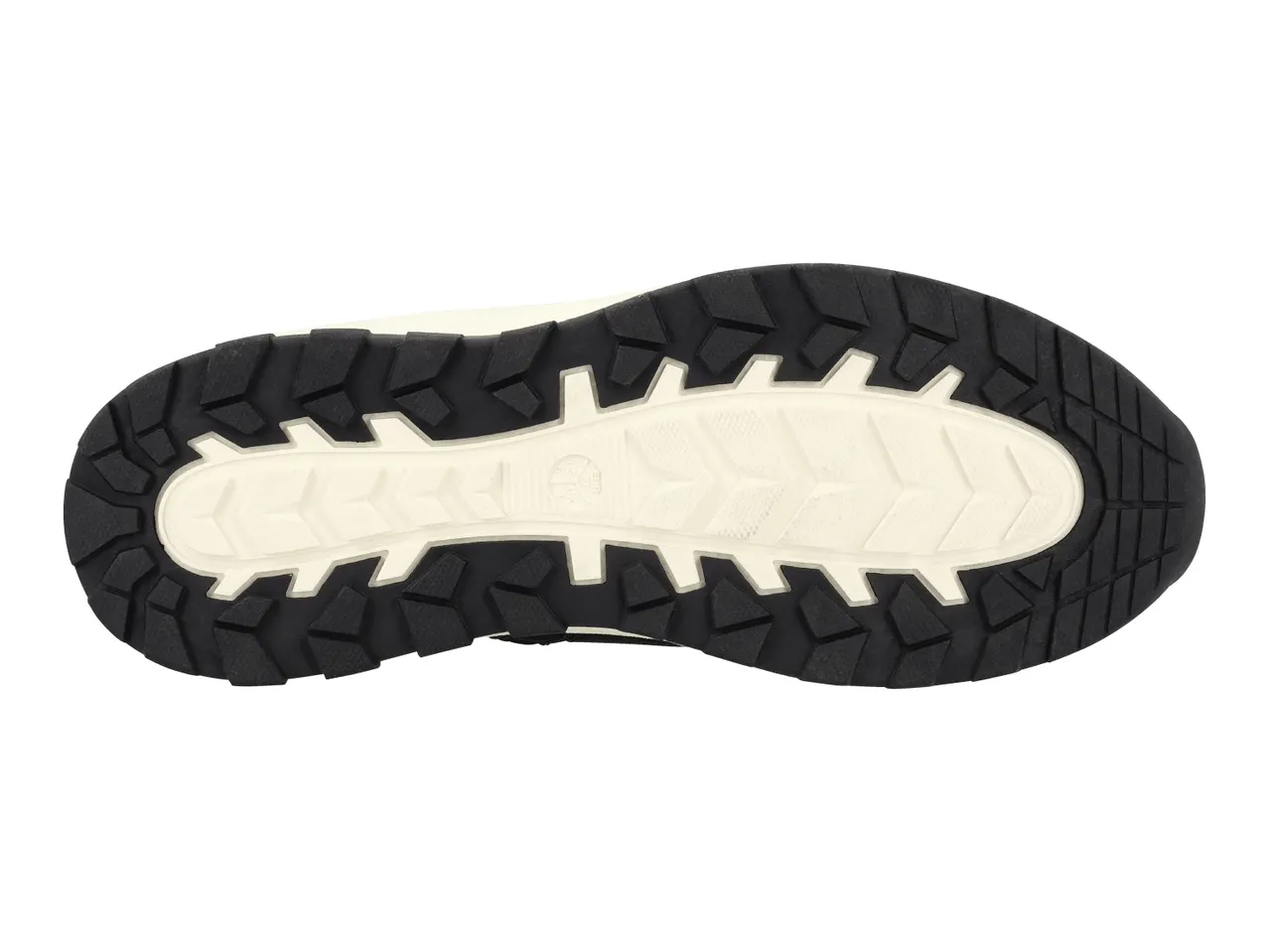 Bottom view of a black and white shoe sole with a rugged tread pattern.