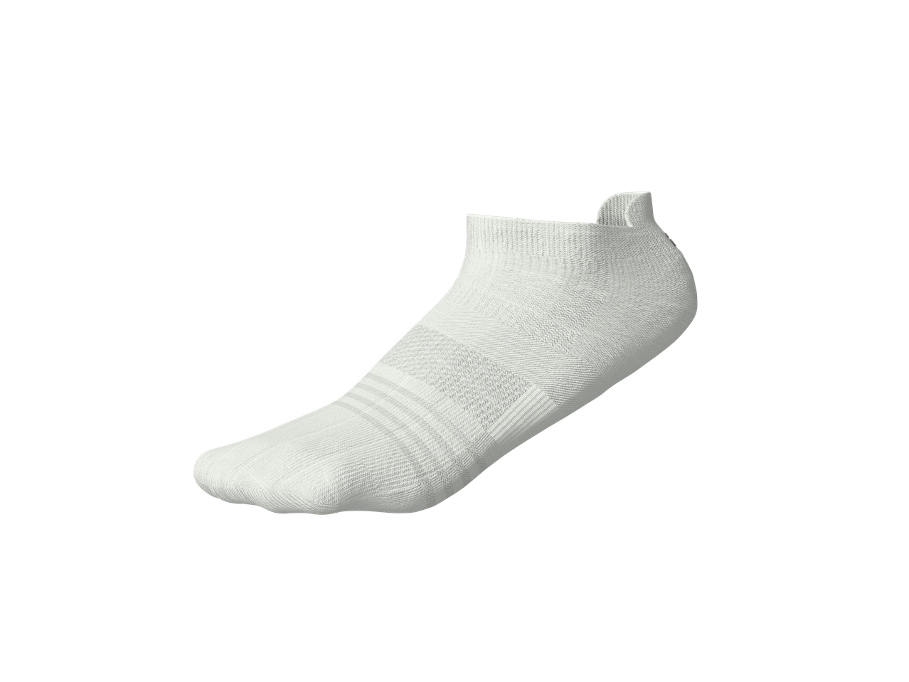 White ankle sock with textured patterns and a heel tab, on a black background.