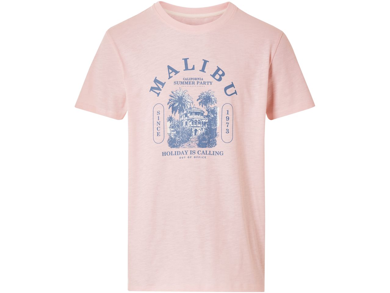 Pink Malibu rum t-shirt with a vintage-style graphic print.