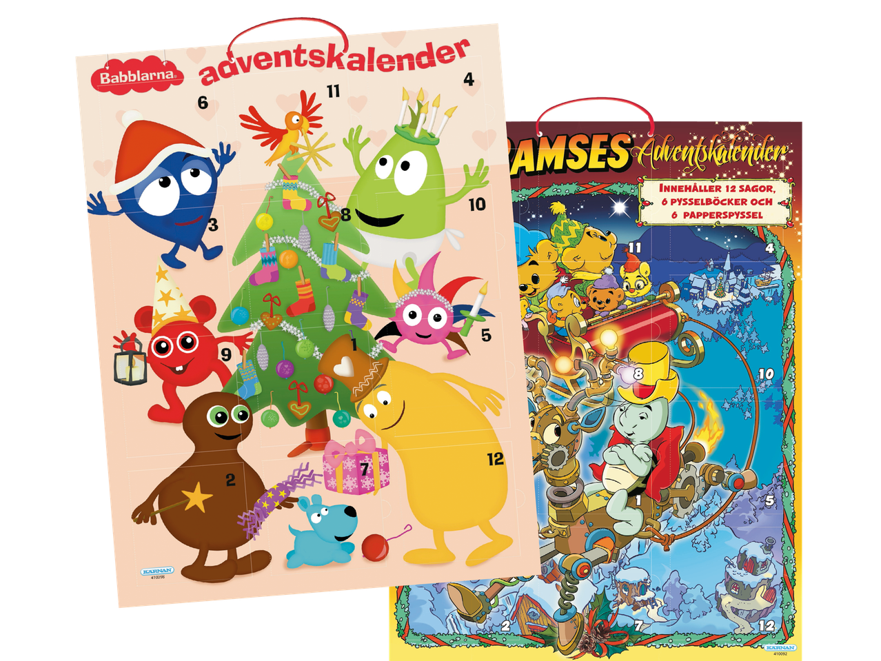 Två adventskalendrar: Babblarna med julgran och Bamse med släde och tomtar.