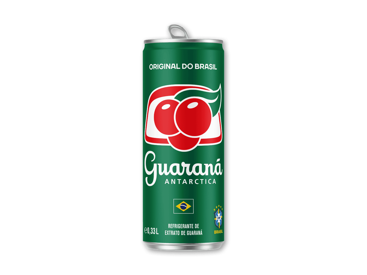 Grøn sodavandsdåse med røde guaranafrugter og teksten 'ORIGINAL DO BRASIL'.