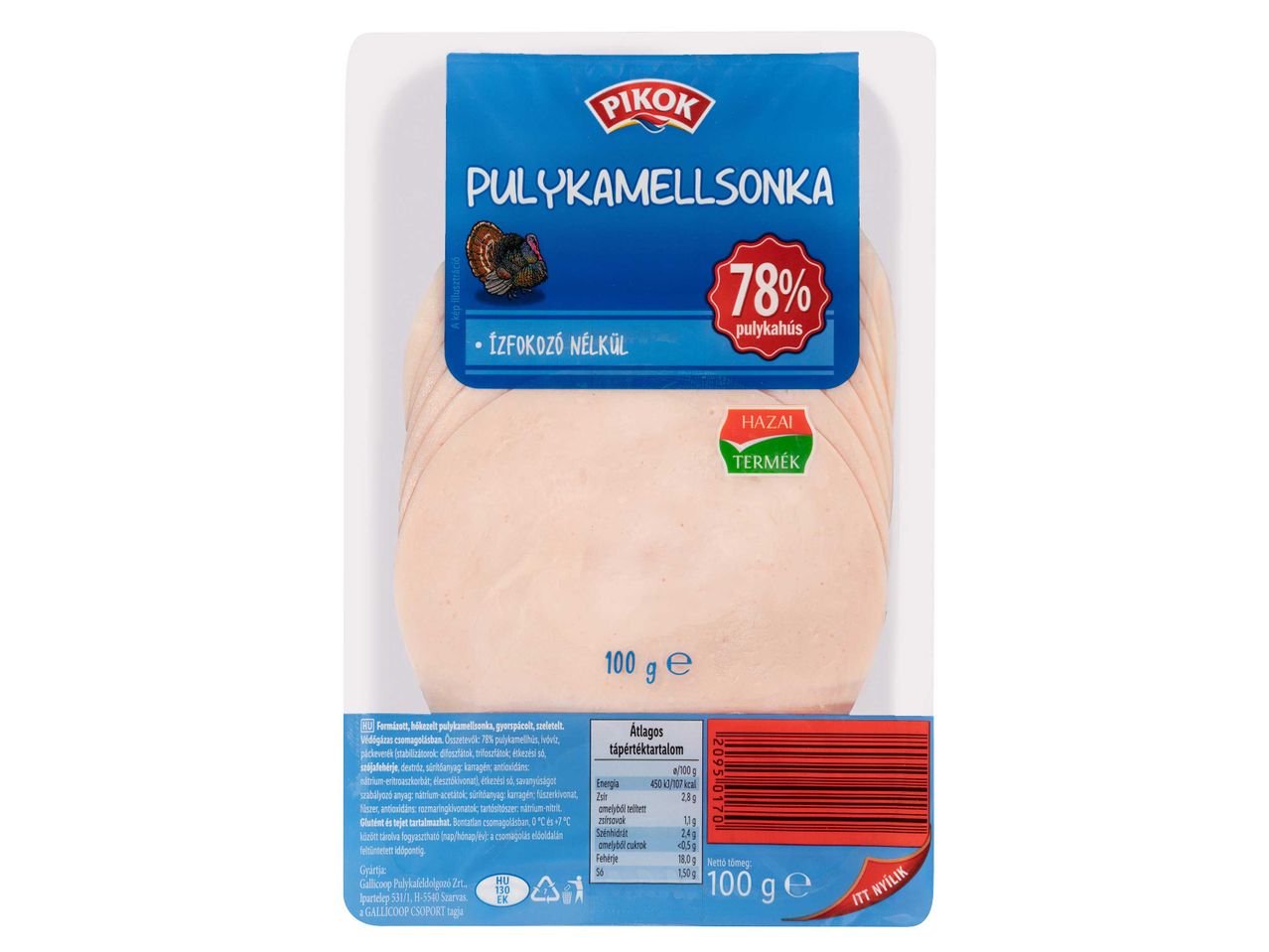 Pikok pulykamellsonka, 78% pulykahússal, ízfokozó nélkül, 100g-os kiszerelésben.