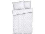 White duvet cover set with a subtle grey leaf pattern, including two pillows and a duvet.