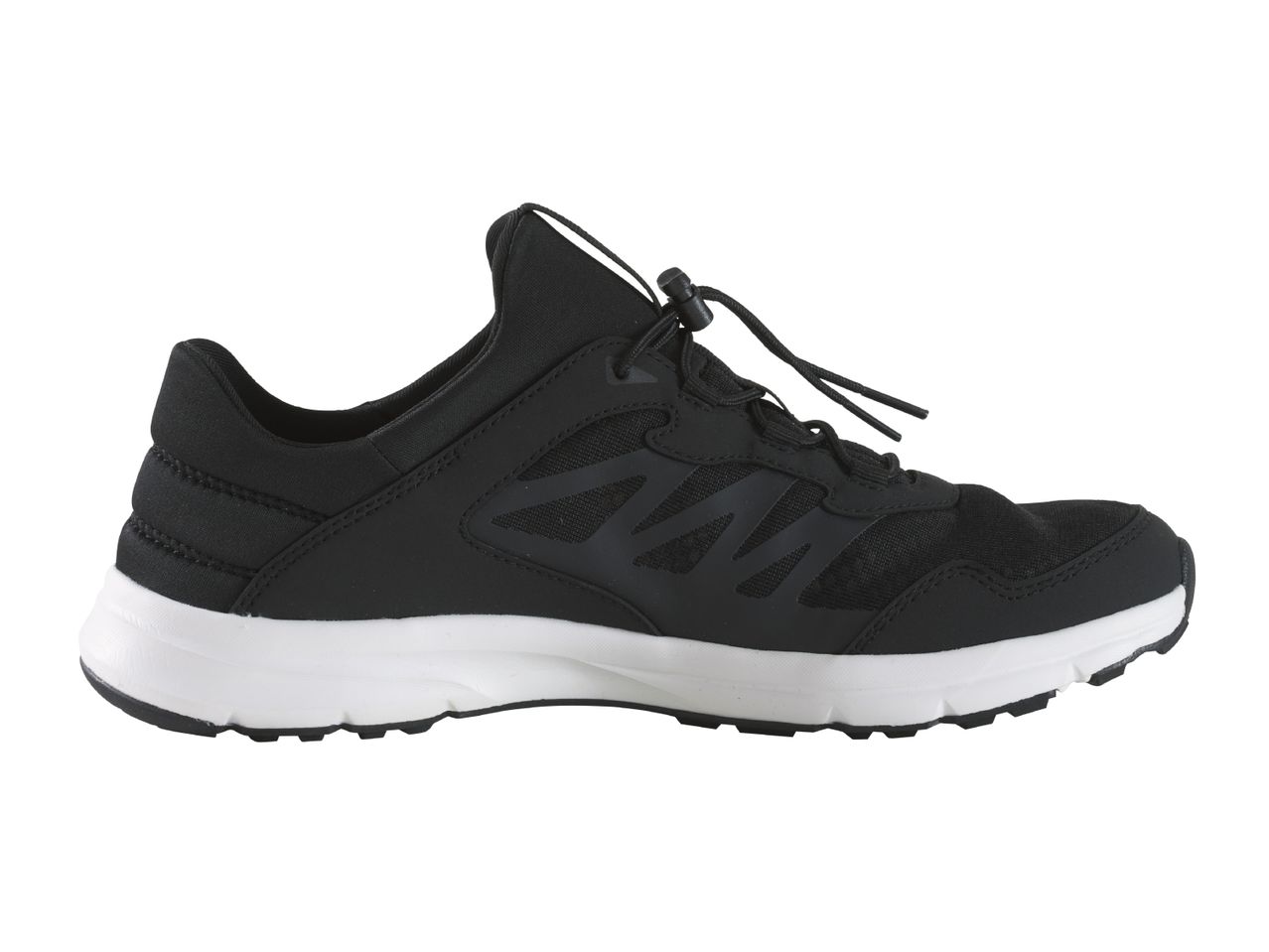 Black and white athletic shoe with a toggle lacing system, side mesh panels, and a textured sole.