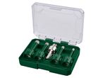 A set of diamond drill bits in a green case with a clear lid.