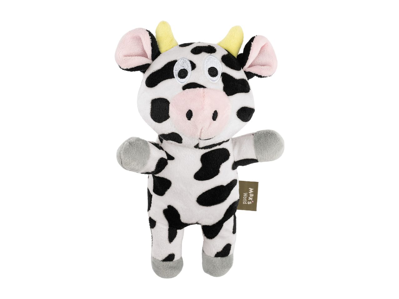 Plush cow toy with black and white spots, yellow horns and grey hooves