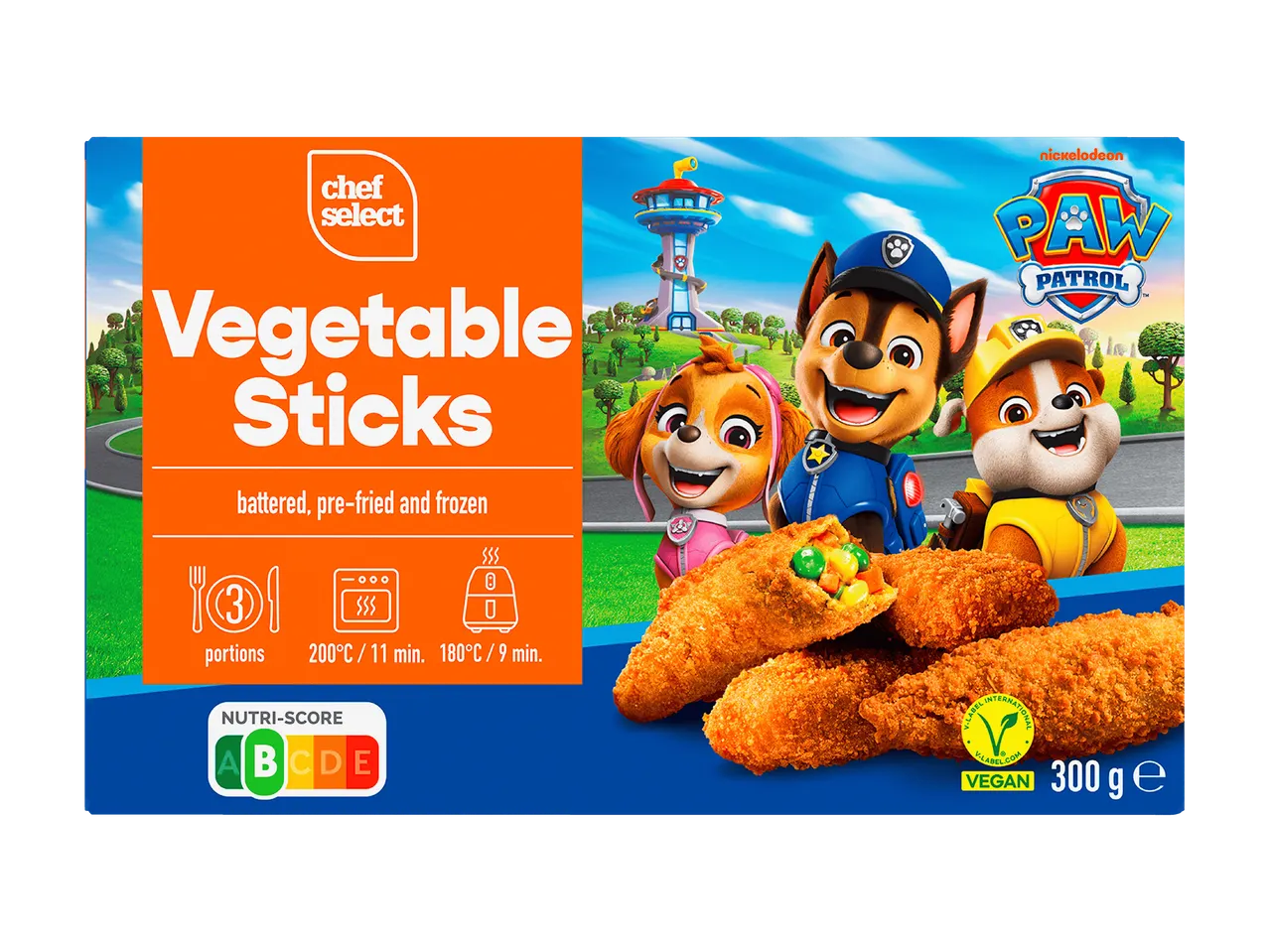Bâtonnets de légumes panés et surgelés avec des personnages de dessins animés, Nutri-Score B, 300g.