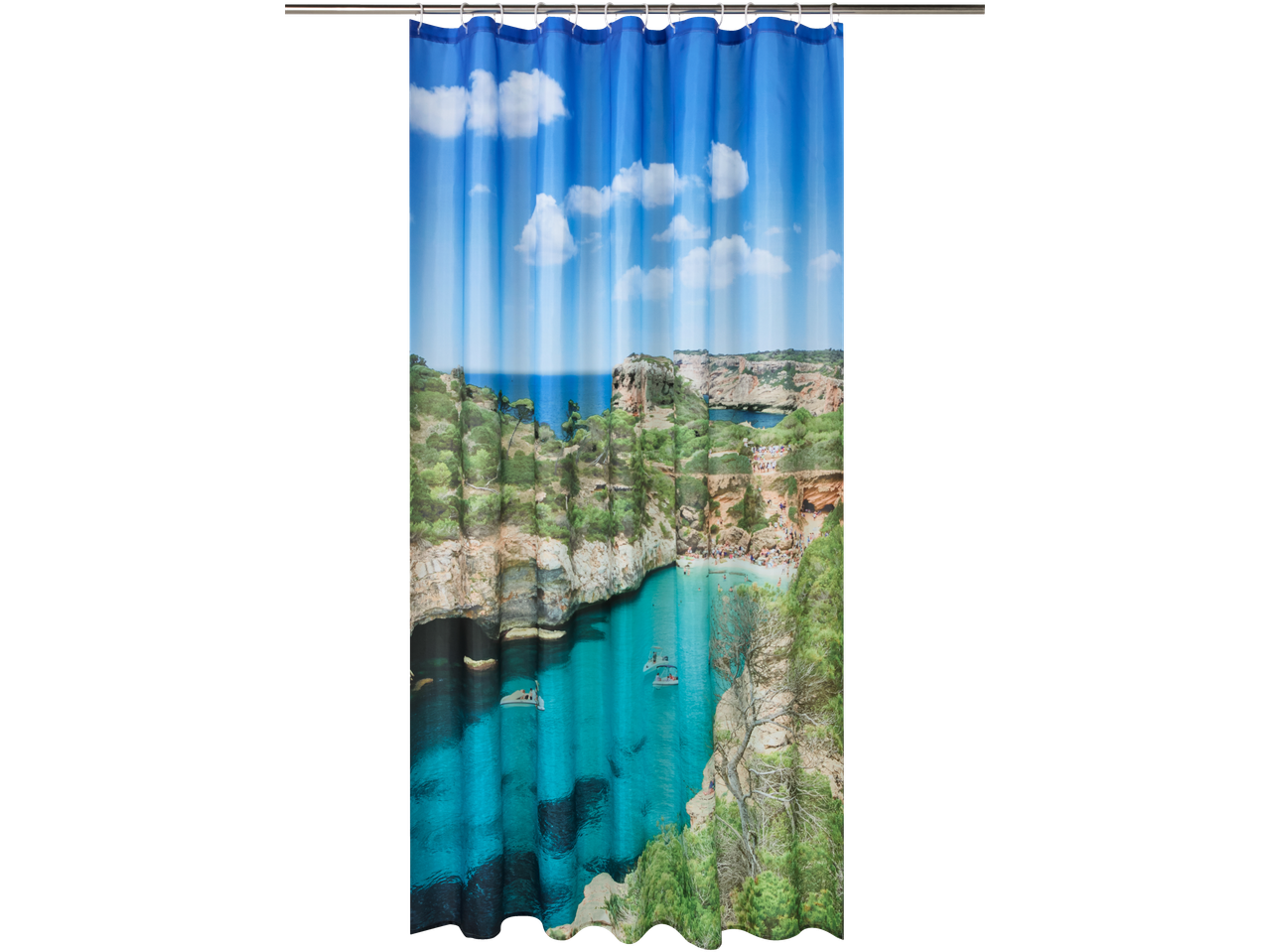 Perdea de duș cu un peisaj de plajă cu stânci și apă turcoaz