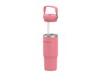 A pink insulated tumbler with a straw and a detached lid with a handle.