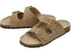 Pair of beige two-strap sandals with cork soles and metal buckles.