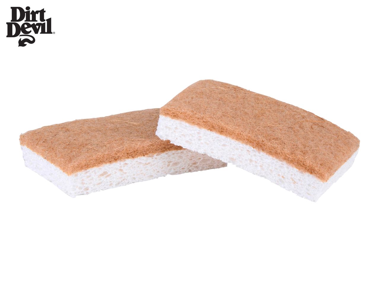Two Dirt Devil cellulose sponges, tan and white, are stacked slightly askew.