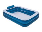Oppustelig pool i blå og hvid med nakkestøtte og kopholder.