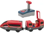 Red toy train with a remote control and a figure in the open carriage.