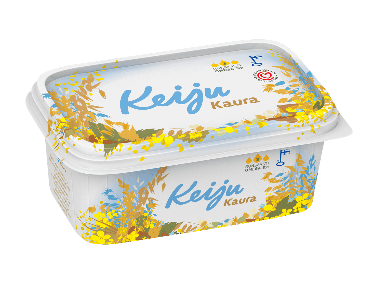 Kaura-levitepakkaus, jossa on kauran ja muiden kasvien kuvituksia.