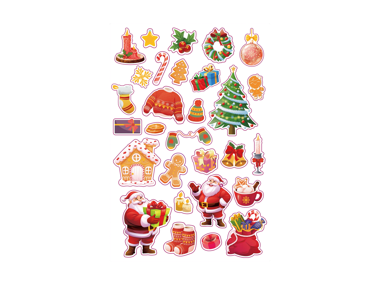Kalėdinių lipdukų rinkinys su Kalėdų Seneliu, eglute, meduoliu ir dovanomis.
