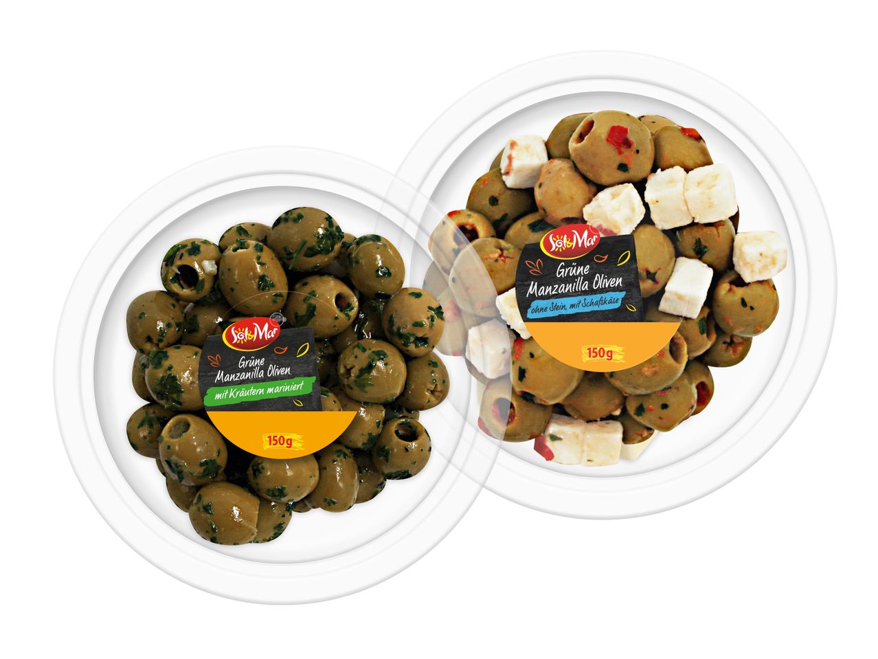 Zwei Schalen Sol&Mar Manzanilla Oliven: eine mit Kräutern, die andere mit Schafkäse.