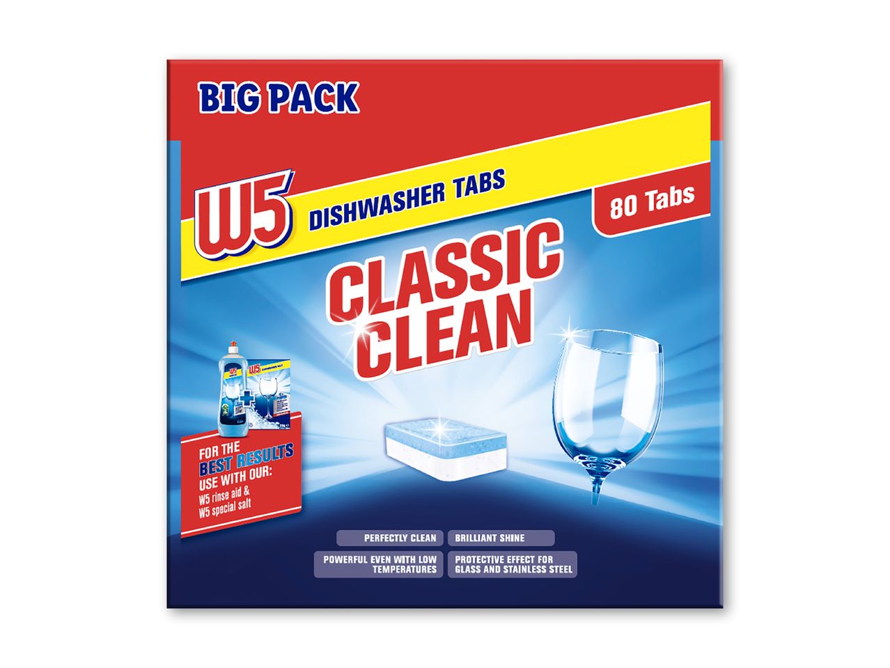 W5 Classic Clean opvaskemaskinetabs i en stor pakke med 80 tabs.
