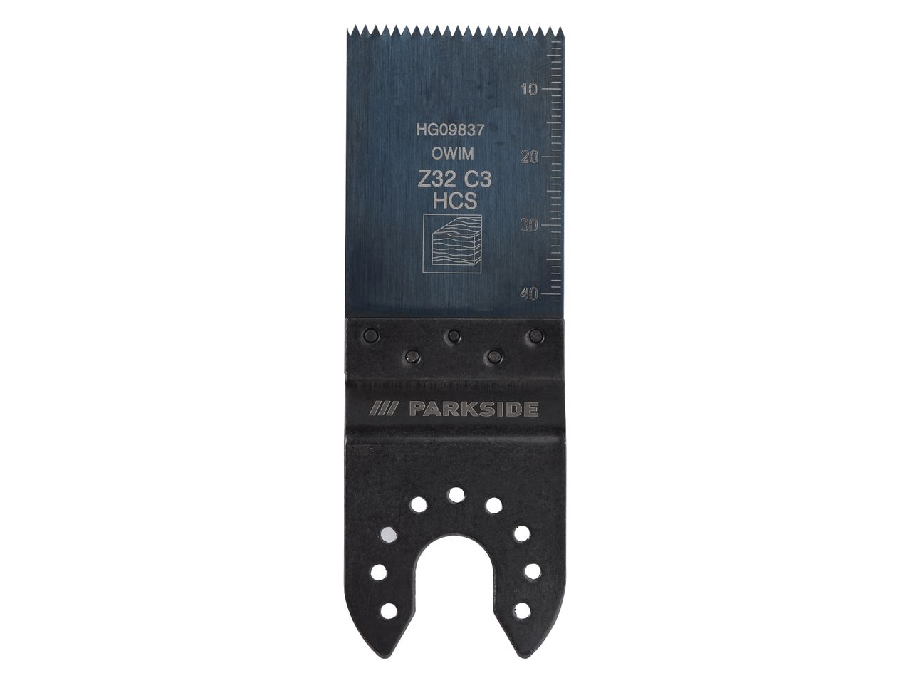 A black and blue oscillating saw blade with measurement markings and text.