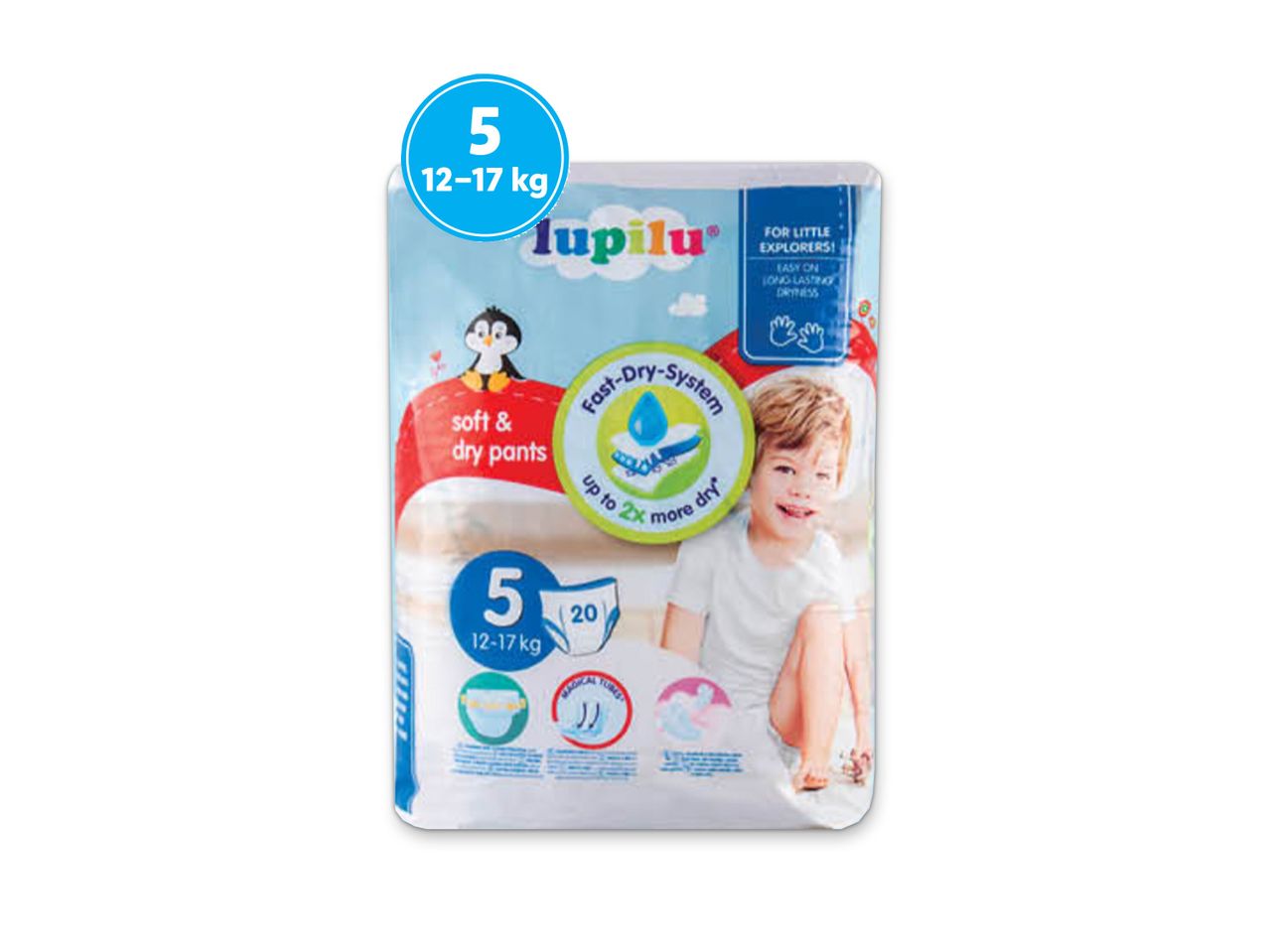 Lupilu vystyklai, dydis 5 (12-17 kg): 20 minkšti ir sausi vystyklai.