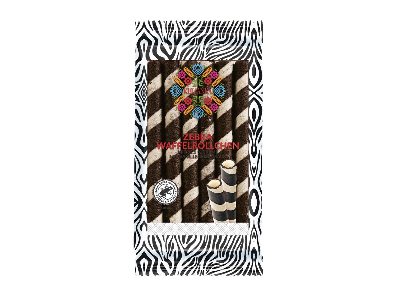 A package of chocolate-covered wafer sticks with a zebra-striped design.