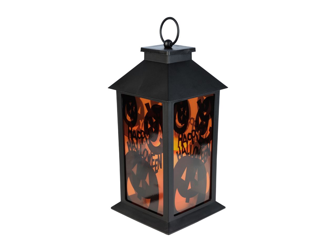 Black Halloween lantern with orange glass panels featuring jack-o'-lanterns