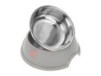 Grey plastic pet bowl with pink hearts and a removable stainless steel insert