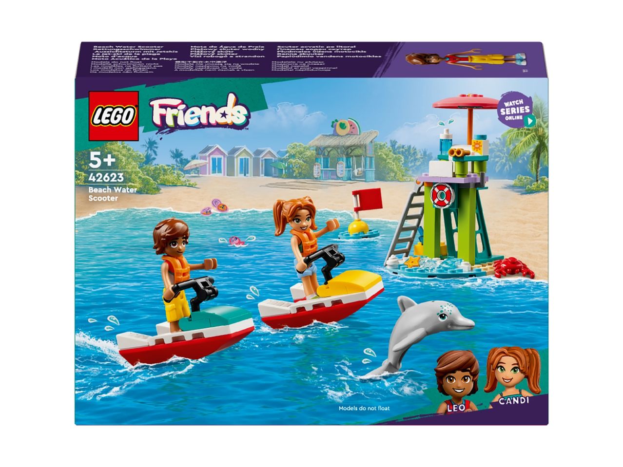 LEGO Friends Beach Water Scooter set with two figures and a dolphin.