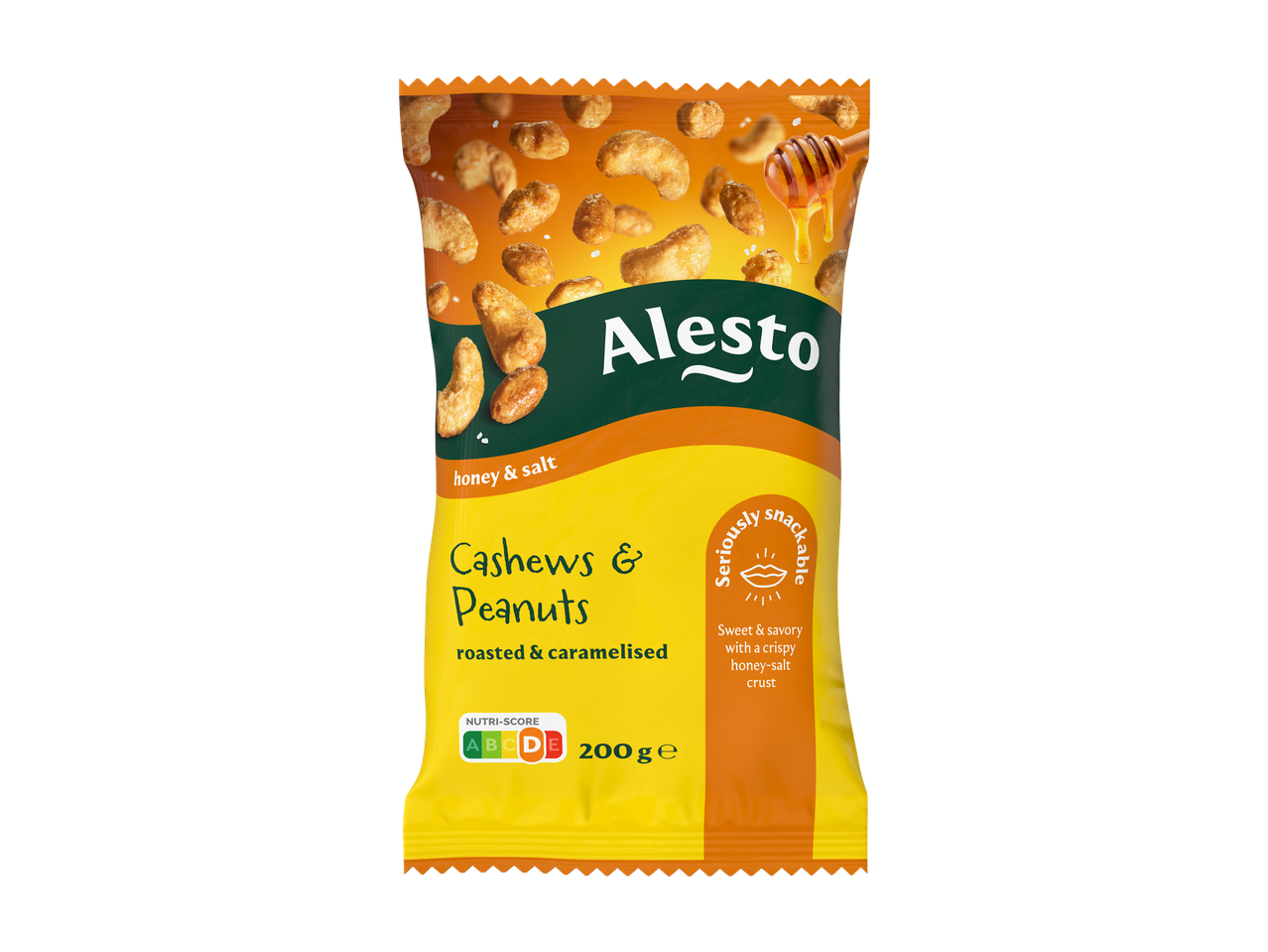 Alesto Cajus & Amendoins, torrados e caramelizados, com mel e sal, embalagem de 200g.