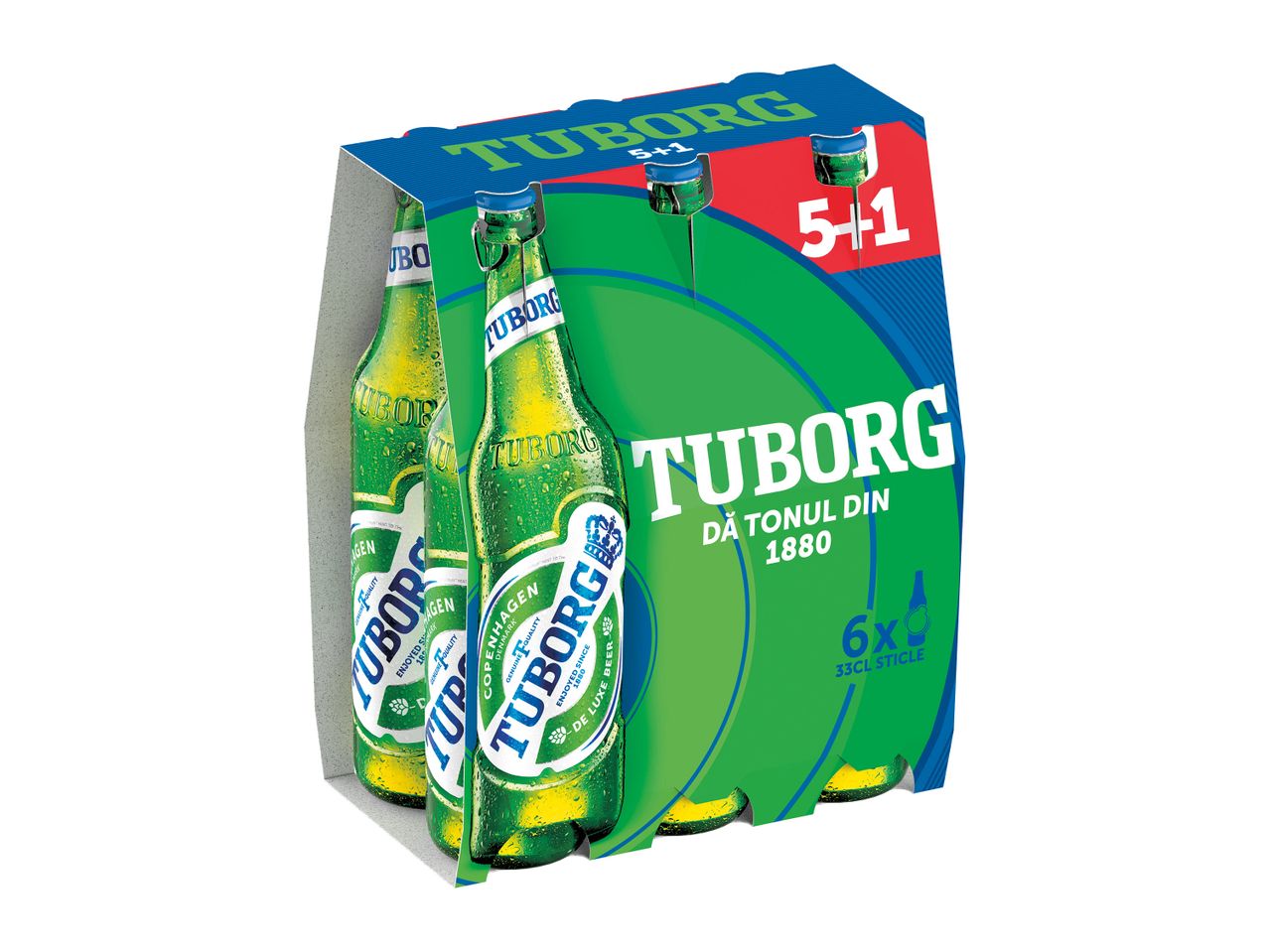 Un pachet de șase sticle de bere Tuborg, cu etichete verzi și albastre.