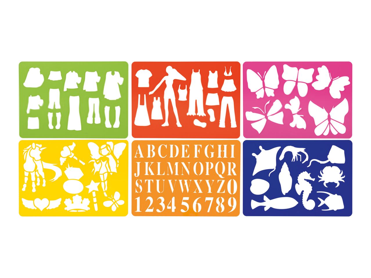 Six colorful stencils featuring clothing, animals, and alphabet/numbers.