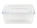 Three clear glass rectangular baking dishes nested together.