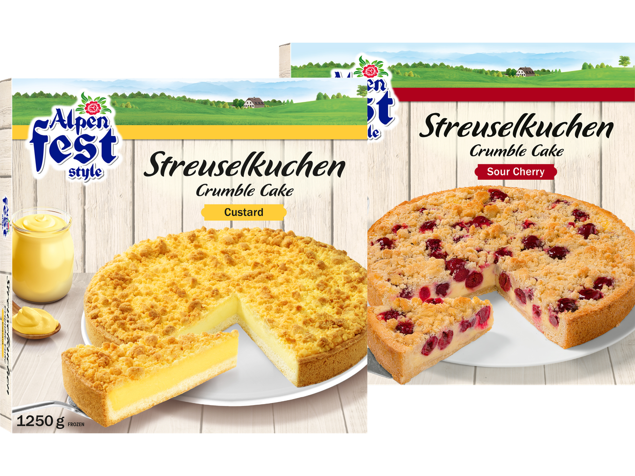 Två förpackningar med Alpen Fest Streuselkuchen (smuldegskaka), en med vaniljsås och en med surkörsbär.